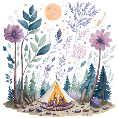 Watercolor Campground Scenery PNG Design,  Can be used for the logo, t-shirt design, posters, banners, greetings, print design, generative ai	
