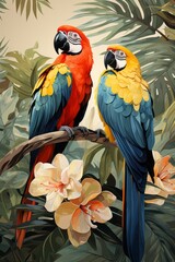 Illustration of two vibrant parrots perched on a blooming branch created with Generative AI technology