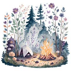 Watercolor Campground Scenery PNG Design,  Can be used for the logo, t-shirt design, posters, banners, greetings, print design, generative ai	
