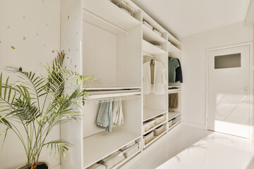 a walk - in closet with white cabinets, drawers and clothes hanging on the wall next to it is a green plant