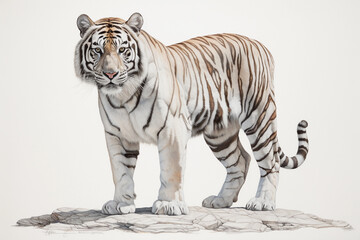 A beautiful white tiger standing and sitting on white background