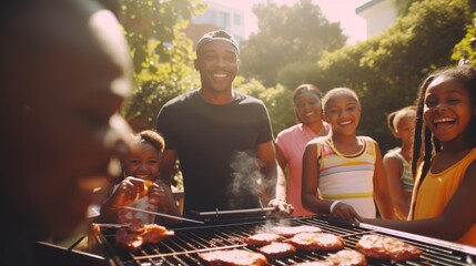a photo of a black african american family and friends having a picnic barbeque grill in the garden. having fun eating and enjoying time. sunny day in the summer. for an ad. Generative AI