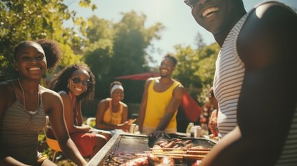 a photo of a black african american family and friends having a picnic barbeque grill in the garden. having fun eating and enjoying time. sunny day in the summer. for an ad. Generative AI