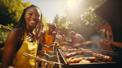 a photo of a black african american family and friends having a picnic barbeque grill in the garden. having fun eating and enjoying time. sunny day in the summer. for an ad. Generative AI - obrazy, fototapety, plakaty