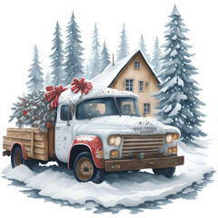 Watercolor Christmas Truck And Snowman PNG Design,  Can be used for the logo, t-shirt design, posters, banners, greetings, print design, generative ai	
