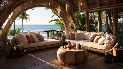 Blissful Retreat: Embrace the Serenity of a Tropical Oasis Amidst Azure Waters, Sunny Skies, and Stunning Coastal Views, generative AI