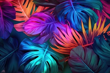 Vivid Neon Leaves: A Kaleidoscope of Colors (Generative AI)