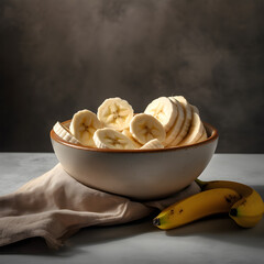 bananas in a bowl sit next to a cloth