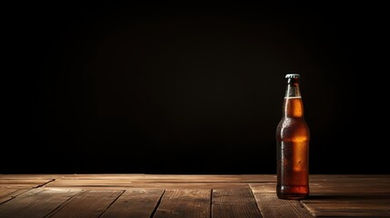  bottle of beer on wooden planks with copy space, dark background