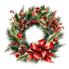 christmas wreath, red ribbon bow, isolated on white background. drawing
