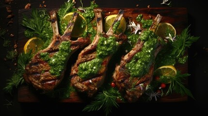 Overhead view of lamb chops prepared with pesto sauce