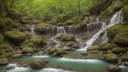 A Waterfall In A Forest With Rocks And Water