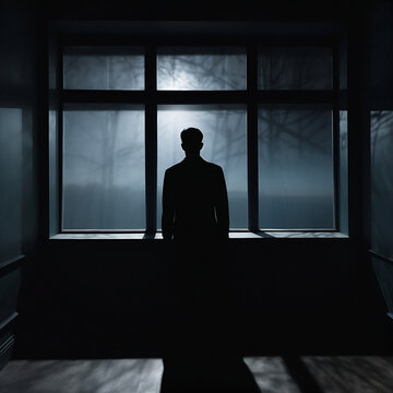 existential shadow of man looking out a window into oblivion in a dark room