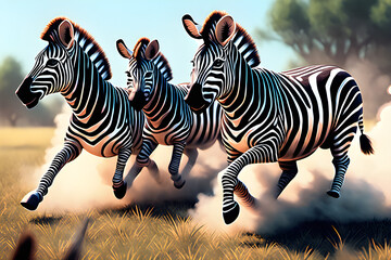 several cute zebras running in the field.Generative AI.