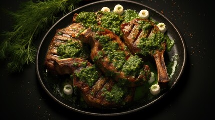 Overhead view of lamb chops prepared with pesto sauce - obrazy, fototapety, plakaty