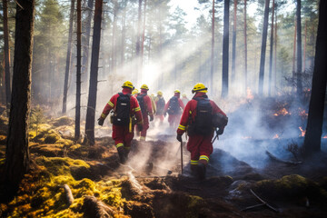 Firefighters trying to put out a forest fire, firefighters fighting with grass and bush fires