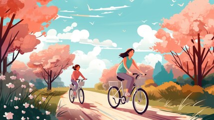 Riding bicycle in the beautiful weather illustration for printing