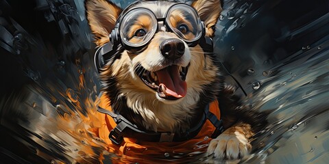 illustration of a husky wears diving glasses and dives, generative AI