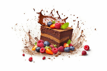 Piece of chocolate cake with berries and chocolate splash on a background