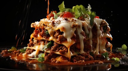 lasagna with melted white cheese on wooden table with black and blurry background