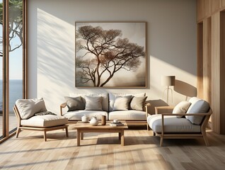 The interior of the living room has modern furniture adorned with sofa chairs and artistic frames on the walls in soft beige tones.