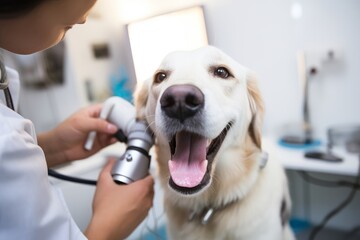 a beautiful female vet nurse doctor examining a cute happy labrador dog making medical tests in a veterinary clinic. animal pet health checkup. Generative AI