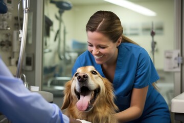 a beautiful female vet nurse doctor examining a cute happy golden retriever dog making medical tests in a veterinary clinic. animal pet health checkup. Generative AI