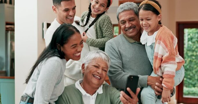 Selfie, meme and a big family laughing in a house for social media, online communication or a video. Happy, talking and parents, grandparents and children taking a photo or streaming from a phone