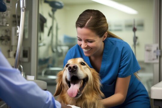 a beautiful female vet nurse doctor examining a cute happy golden retriever dog making medical tests in a veterinary clinic. animal pet health checkup. Generative AI