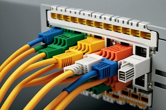 Ethernet RJ45 cable connects LAN network. Generative AI