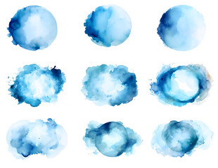 Set of abstract blue watercolor paint stroke background, watercolor splashes brush strokes elements, isolated on white and transparent background, ai generate