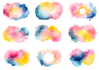 Set of abstract colorful watercolor paint stroke background, watercolor splashes brush strokes elements, isolated on white and transparent background, ai generate