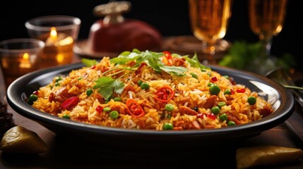 Fried rice with chopped vegetables and meat on a plate with a blurry background