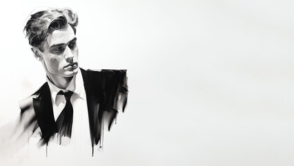 Black and white simple sketch of an elegant man in a suit. The figure on a white background with a place for the inscription