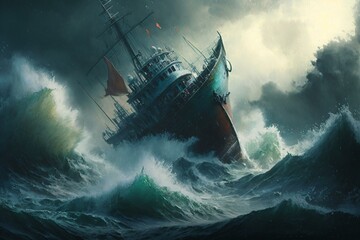 Vessel navigating rough waters amidst a raging tempest. Generative AI