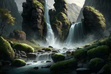 Daytime waterfall with mossy rocks in a grand landscape. Generative AI