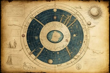 Fototapeta na wymiar Antique sky map on parchment with celestial tools, representing knowledge, enigma, divination, cosmos. Generative AI