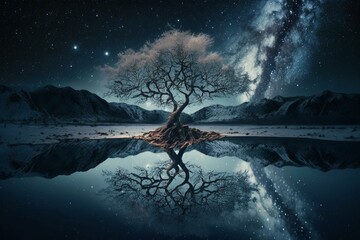 Nighttime reflection of Yggdrasil-like tree in icy lake with starry background. Generative AI
