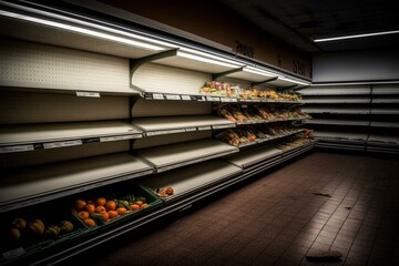 Scarce supplies, empty shelves, limited fresh produce denote economic distribution difficulties. Generative AI