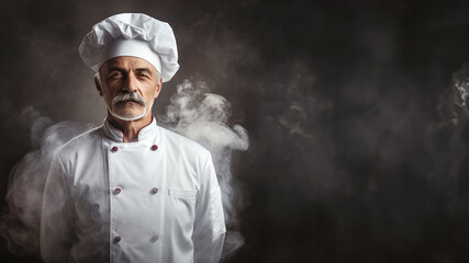 portrait of a cook in a white coat. It stands against a dark background