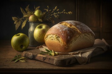 Obraz na płótnie Canvas A loaf of bread made with golden delicious ingredients resting on a wooden table. Generative AI
