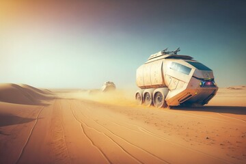 Fototapeta na wymiar Autonomous robotic transport advancing on desert road in futuristic city. Generative AI