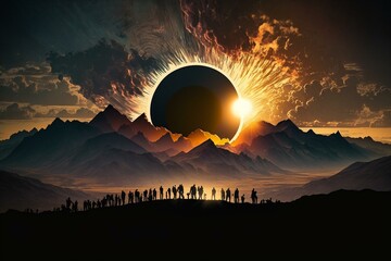A solar eclipse over abstract mountains viewed by a crowd. Generative AI