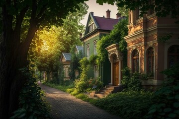 Houses surrounded by greenery in a quiet residential area of an Eastern European city. Generative AI