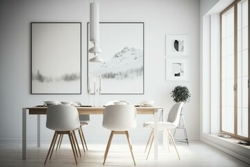 Minimalist white dining room with white chairs, wooden table, and empty poster. Generative AI