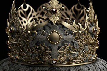 Jeweled gold crown atop gray velvet adorned with intricate patterns. Generative AI