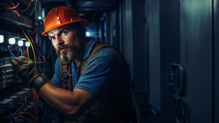 Portrait of an electrician in work clothes repairing the electrics. Place for text