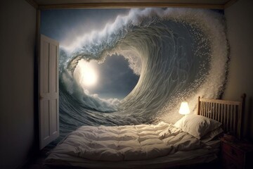 A bed in a room with a massive wave protruding from the wall, under a starlit sky. Generative AI