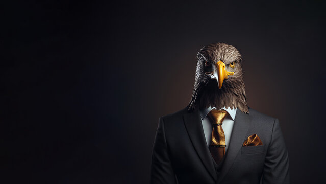 Elegantly dressed people with heads of eagles in suits. on a uniform dark background
