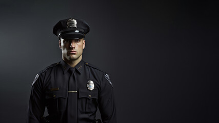 Obraz premium Portrait of a policeman in uniform. He is on the left side of the frame. Dark background with space for text